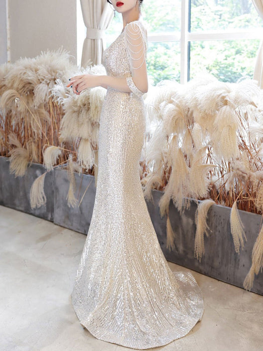 Gorgeous Champagne Sequin Deep V-Neck Mermaid Sparkly Formal Evening Gown DP7341