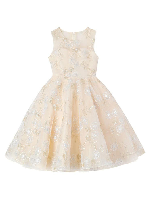 Champagne Flower Girl Dresses Jewel Neck Short Sleeves Embroidered Formal Kids Pageant Dresses