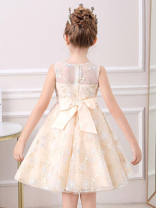 Champagne Flower Girl Dresses Jewel Neck Short Sleeves Embroidered Formal Kids Pageant Dresses