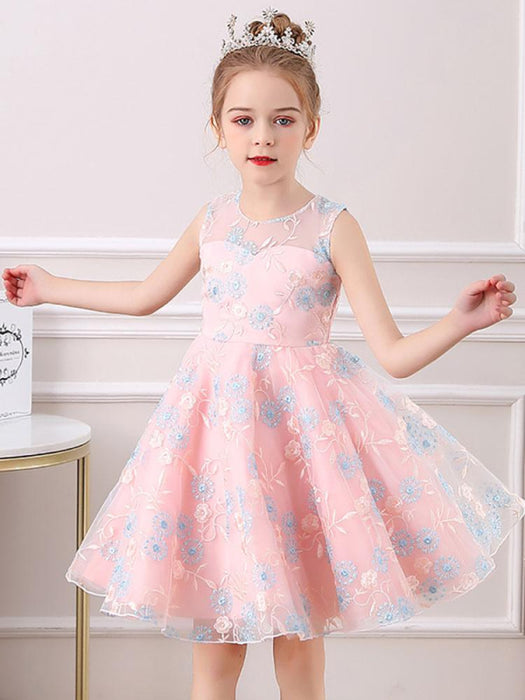 Champagne Flower Girl Dresses Jewel Neck Short Sleeves Embroidered Formal Kids Pageant Dresses