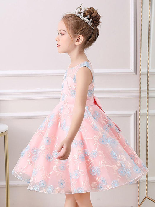 Champagne Flower Girl Dresses Jewel Neck Short Sleeves Embroidered Formal Kids Pageant Dresses