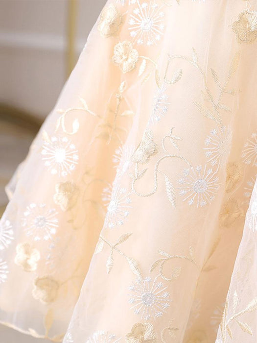 Champagne Flower Girl Dresses Jewel Neck Short Sleeves Embroidered Formal Kids Pageant Dresses