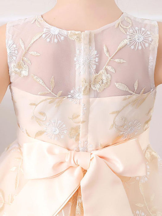 Champagne Flower Girl Dresses Jewel Neck Short Sleeves Embroidered Formal Kids Pageant Dresses