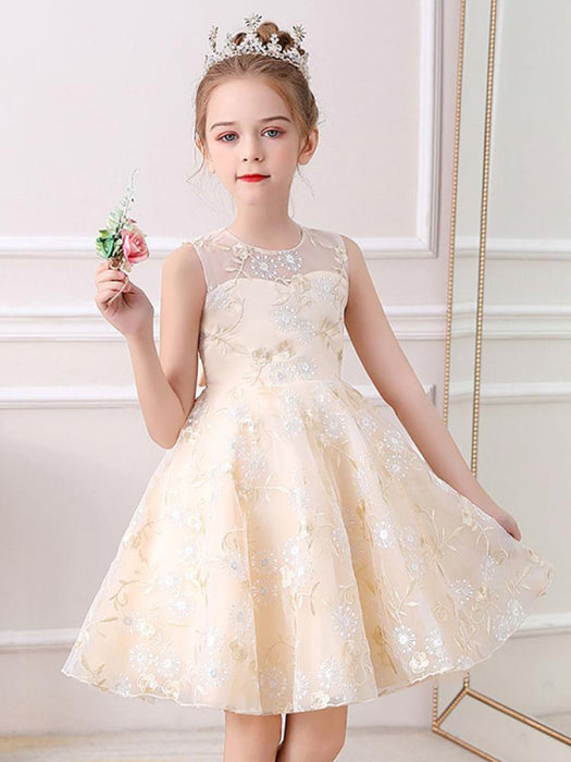 Champagne Flower Girl Dresses Jewel Neck Short Sleeves Embroidered Formal Kids Pageant Dresses