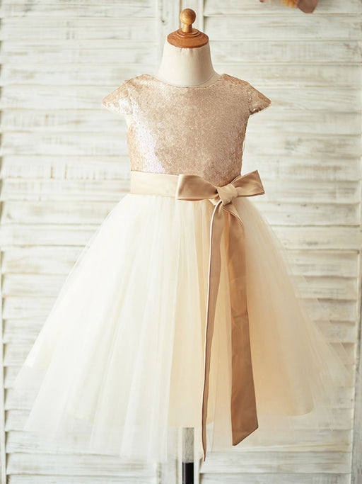 Flower Girl Dresses Champagne Jewel Neck Short Sleeves Sash Kids Party Dresses