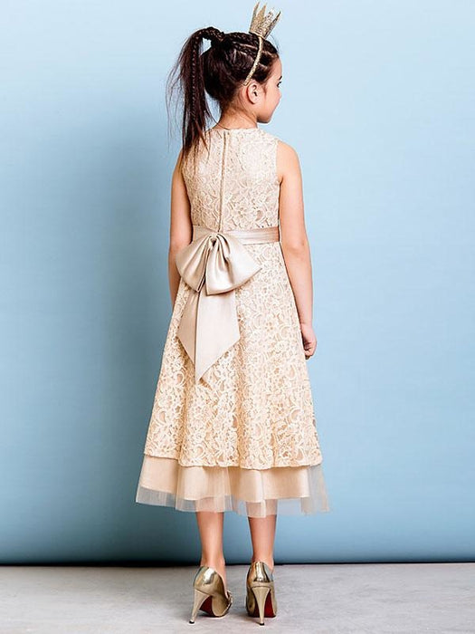 Flower Girl Dresses Champagne Golden Jewel Neck Sleeveless A Line Lace Kids Party Dresses