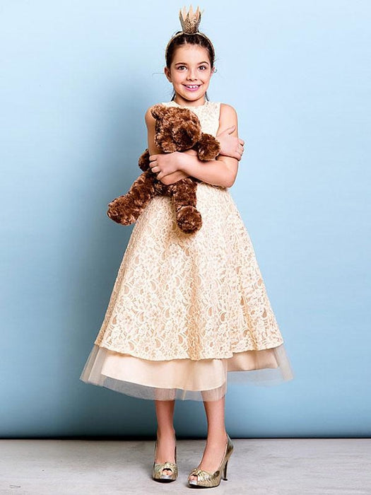 Flower Girl Dresses Champagne Golden Jewel Neck Sleeveless A Line Lace Kids Party Dresses