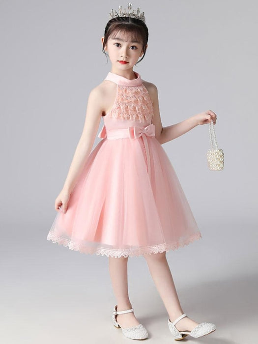 Champagne Flower Girl Dresses Designed Neckline Sleeveless Polyester Cotton Tulle Embroidered Formal Kids Pageant Dresses