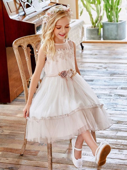 Flower Girl Dresses Champagne Jewel Neck Sleeveless Polyester Lace Tulle Flowers Kids Social Party Dresses