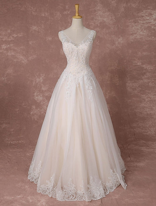 Champagne Lace Wedding Dress Backless Bridal Gown Floor-length A-line Beading Luxury Bridal Dress