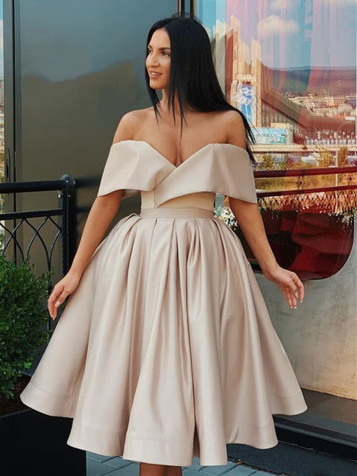 Champagne Off Shoulder Short Prom Dresses Homecoming Dresses, Off Shoulder Champagne Formal Graduation Evening Dresses, Champagne Cocktail Dresses
