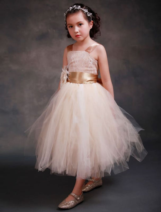 Flower Girl Dresses Champagne Princess Lace Straps Flower Sash Tulle Tea Length Toddler's Tutu Dress