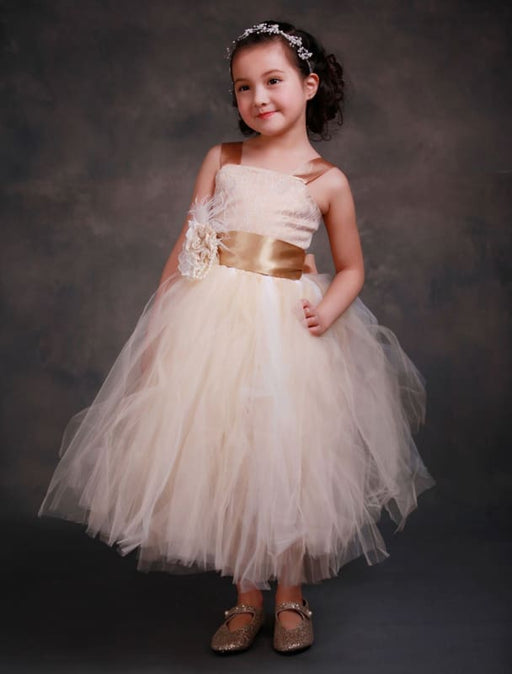 Flower Girl Dresses Champagne Princess Lace Straps Flower Sash Tulle Tea Length Toddler's Tutu Dress