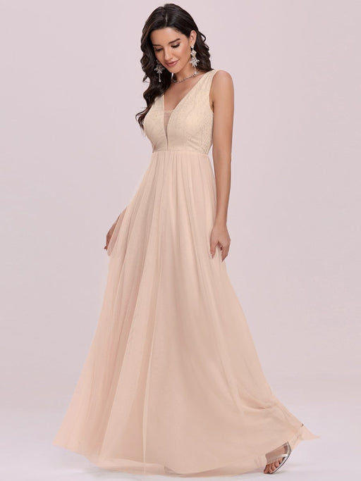 Champagne Prom Dress A-Line V-Neck Sleeveless Floor-Length Tulle Pageant Dresses Evening Dress
