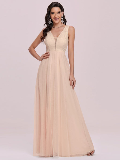 Champagne Prom Dress A-Line V-Neck Sleeveless Floor-Length Tulle Pageant Dresses Evening Dress