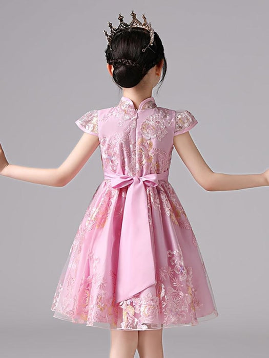 Flower Girl Dresses Champagne Designed Neckline Short Sleeves Bows Knee-Length Kids Party Dresses