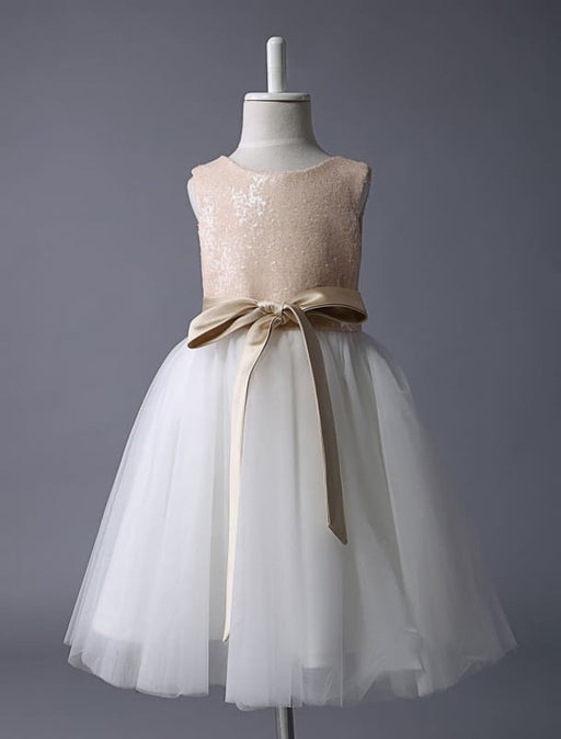 Champagne Flower Girl Dress Sequin Tulle Pageant Dress A Line Knee Length Toddler's Dinner Dress With Bow Sash