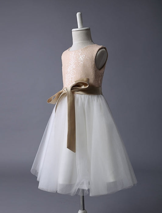 Champagne Flower Girl Dress Sequin Tulle Pageant Dress A Line Knee Length Toddler's Dinner Dress With Bow Sash
