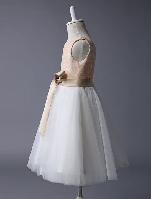 Champagne Flower Girl Dress Sequin Tulle Pageant Dress A Line Knee Length Toddler's Dinner Dress With Bow Sash