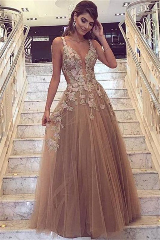 Champagne Tulle Prom Dresses | Straps Lace Appliques Evening Gowns - Prom Dresses