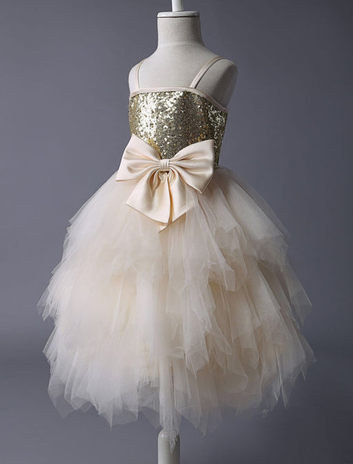Thin Straps Gold Sequin Champagne Tulle Ruffle Flower Girl Dress