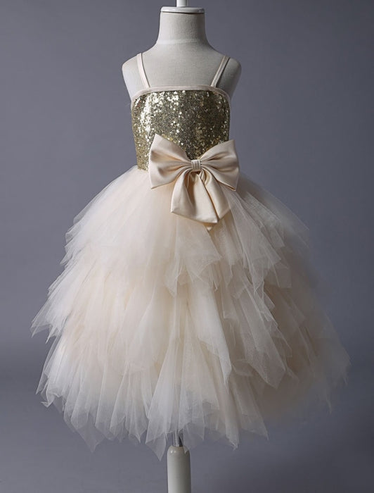 Thin Straps Gold Sequin Champagne Tulle Ruffle Flower Girl Dress