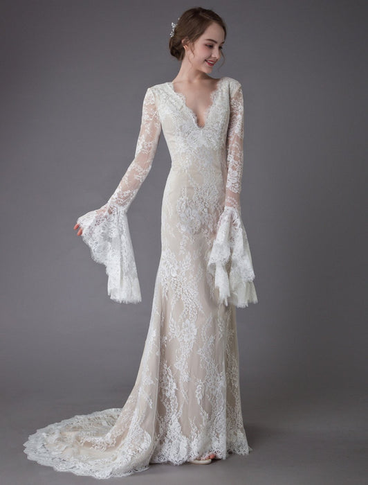 Lace V Neck Long Sleeve Sheath Boho Bridal Dress-Bridelily Lace V Neck Long Sleeve Sheath Boho Bridal Dress-Bridelily