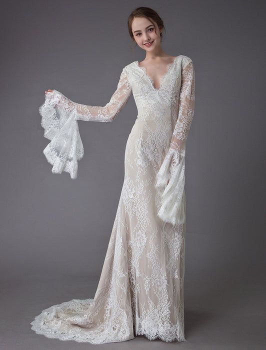 Lace V Neck Long Sleeve Sheath Boho Bridal Dress-Bridelily Lace V Neck Long Sleeve Sheath Boho Bridal Dress-Bridelily