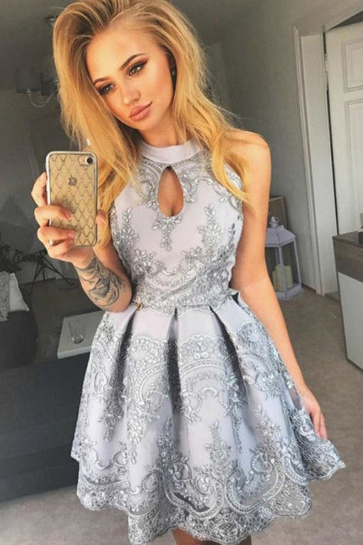 Charming A Line Halter Keyhole Grey Lace Homecoming Short Party Dresses - Prom Dresses