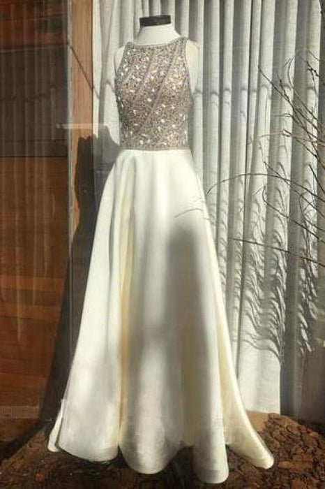 Charming Beaded Long Prom Dresses Satin - Bridelily Charming Beaded Long Prom Dresses Satin - Bridelily