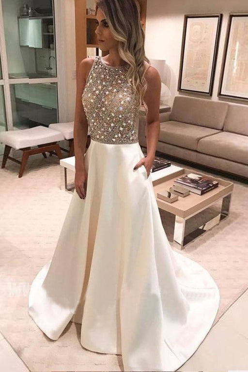Charming Beaded Top Formal Cheap Dresses A-line Bateau Satin Prom Gown - Prom Dresses