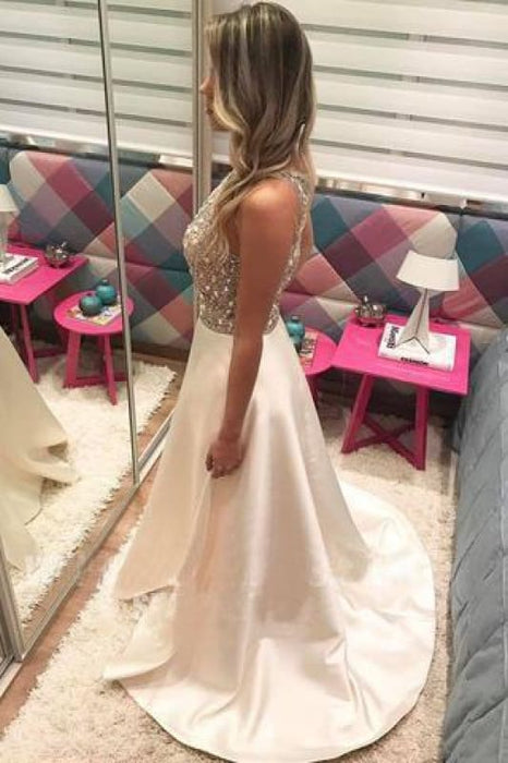 Charming Beaded Long Prom Dresses Satin - Bridelily Charming Beaded Long Prom Dresses Satin - Bridelily