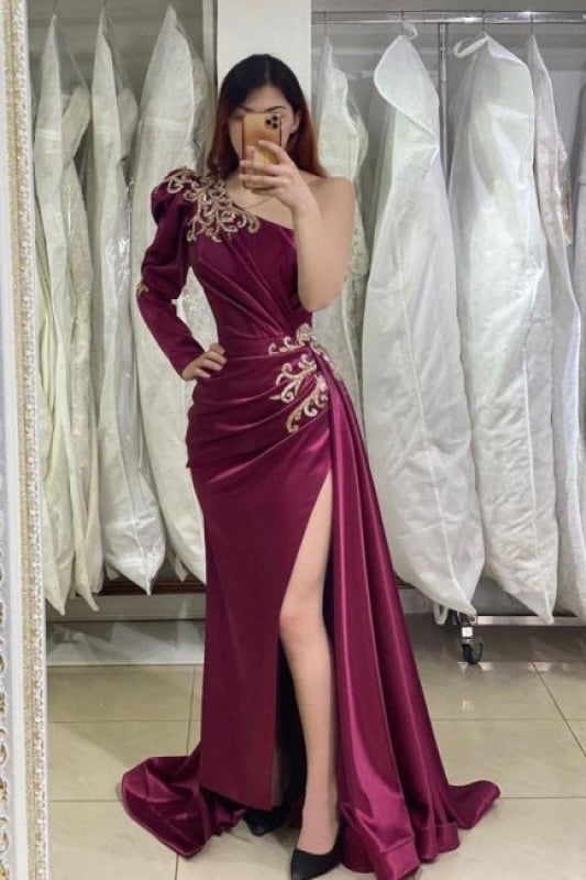 Charming Burgundy Evening Dresses With Sleeves Side Slit Prom Dress - Prom Dresses