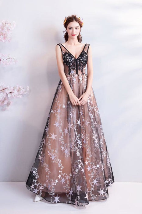 Charming Floor Length Sleeveless Prom with Stars A Line Appliques Evening Dress - Prom Dresses