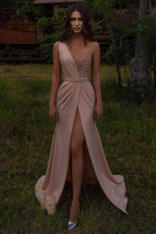 Charming glitter Evening Dresses Long V Neck Prom dresses with Front Slit - Prom Dresses