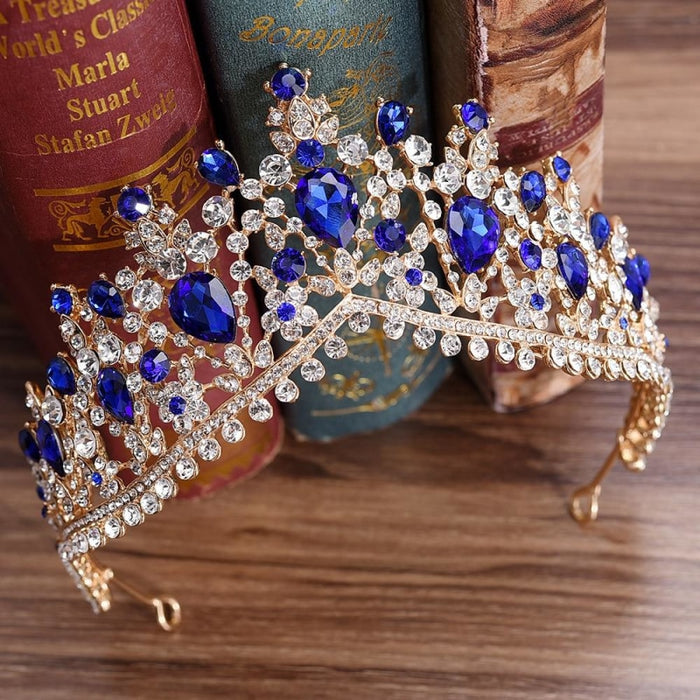 Charming Jewelry Princess Rhinestone Tiaras | Bridelily - Gold Blue - tiaras