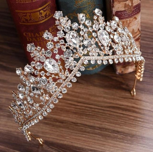 Charming Jewelry Princess Rhinestone Tiaras | Bridelily - Gold White - tiaras