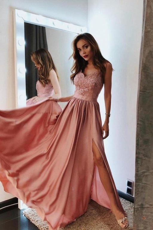 Charming Long Dresses Lace Spaghetti Straps Prom Dress with Side Slit - Prom Dresses