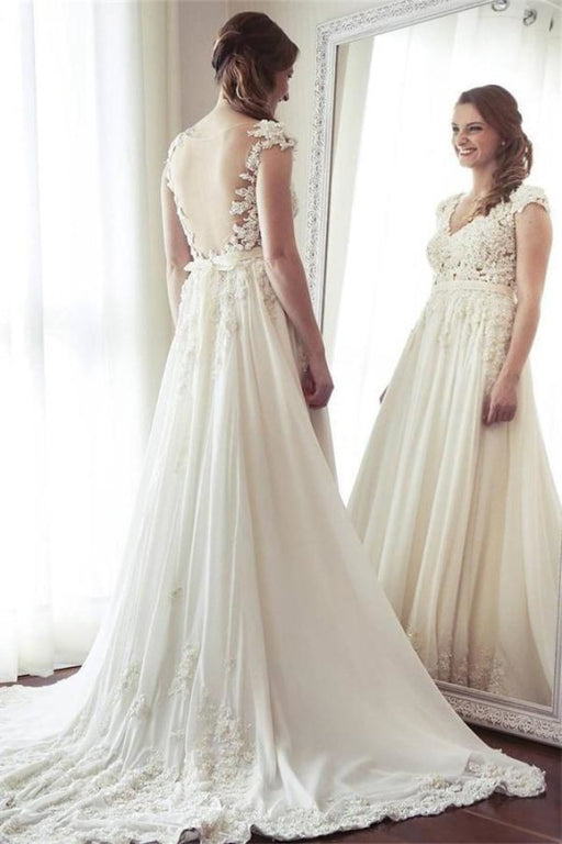 Charming Long Ivory Chiffon V-neck Elegant Beach Wedding Dress - Wedding Dresses