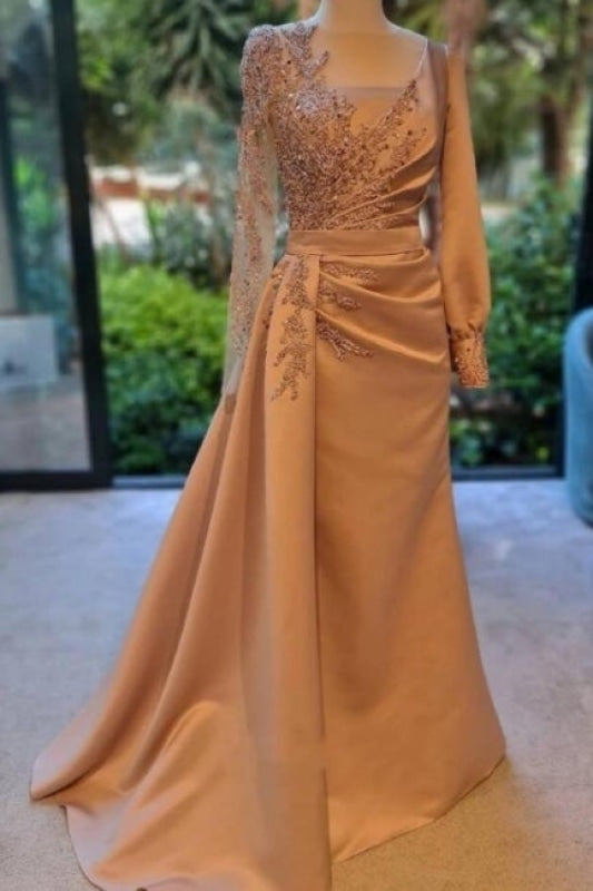 Charming Long Sleeves Prom Dress Satin Evening Party Dress with Side Sweep Train - Prom Dresses