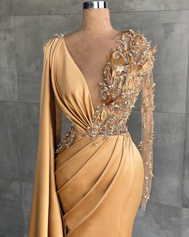 Charming Long sleeves V-neck Mermaid Long Evening Dress with Side Trai ...