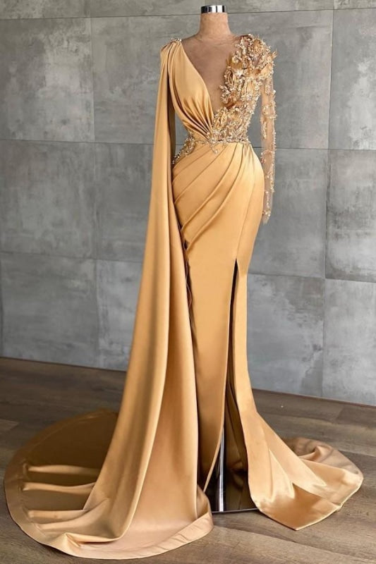 Long sleeves V-neck Mermaid Long Evening Dress with Shawl - Gold - Prom Dresses