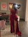 Charming Mermaid Burgundy Satin Long Prom Dresses with High Slit, Burgundy Mermaid Evening Dresses, Formal Dresses