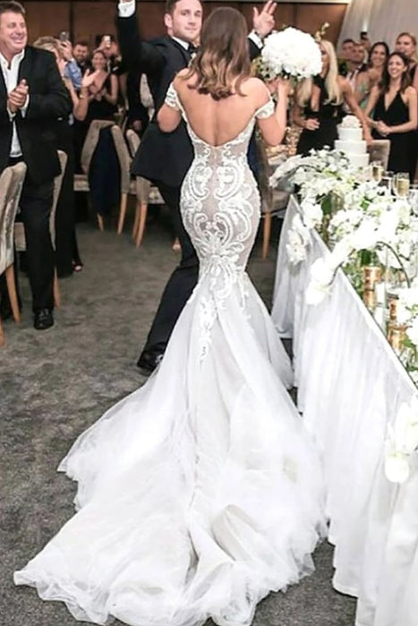 Charming Mermaid Style Off-the-Shoulder Sweep Train Lace Wedding Dress - Wedding Dresses