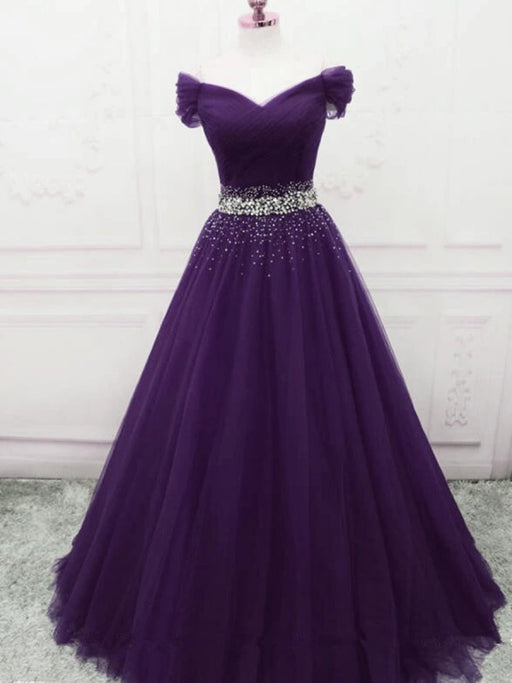 Off Shoulder Dark Purple Tulle Long Prom with Sequins -Bridelily Off Shoulder Dark Purple Tulle Long Prom with Sequins -Bridelily