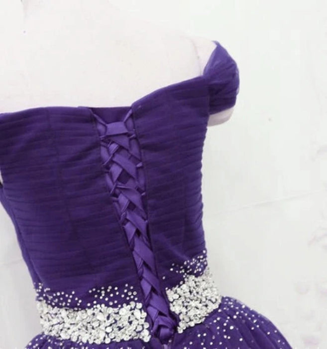 Off Shoulder Dark Purple Tulle Long Prom with Sequins -Bridelily Off Shoulder Dark Purple Tulle Long Prom with Sequins -Bridelily