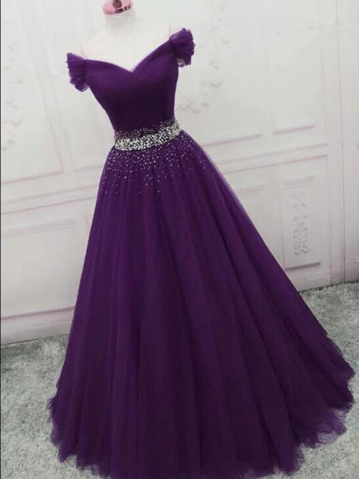 Off Shoulder Dark Purple Tulle Long Prom with Sequins -Bridelily Off Shoulder Dark Purple Tulle Long Prom with Sequins -Bridelily