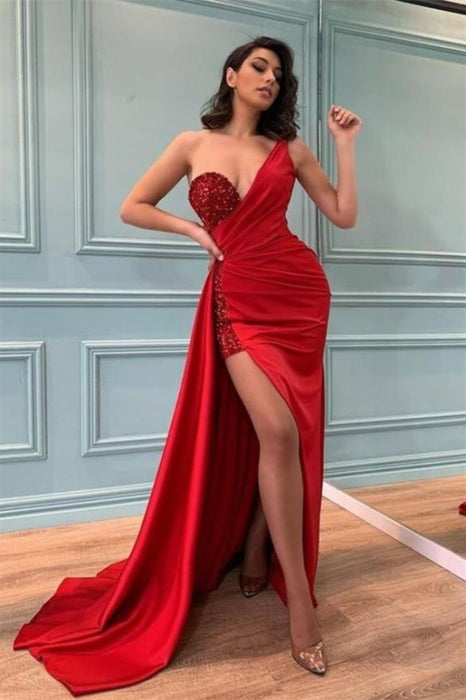 Charming Red Mermaid Prom One Shoulder Sequined Long Evening Dress - Prom Dresses