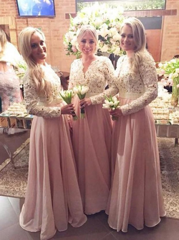 Charming Sheath V-Neck Floor Length Long Sleeves Bridesmaid Dress - Bridesmaid Dresses