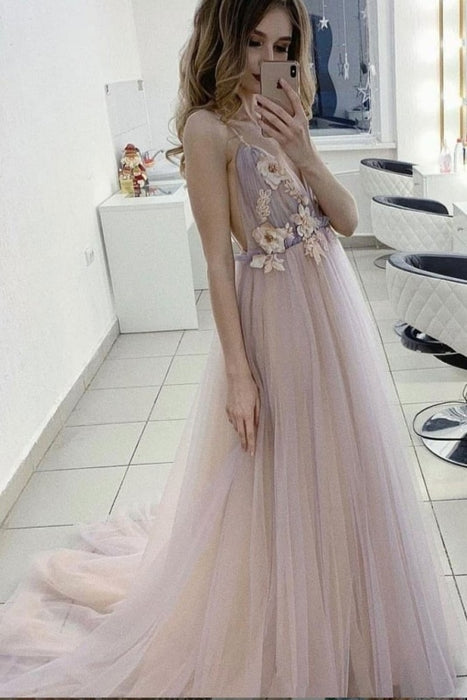Charming Spaghetti Straps Deep V Neck Tulle Prom with Flowers A Line Party Dress - Prom Dresses